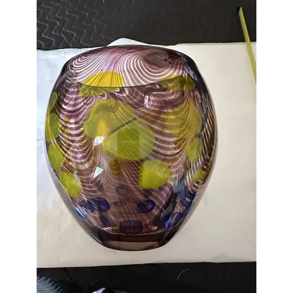 Heavy Handmade Art Glass Vase Green Dots Purple Swirls & Yellow 7.5” x 7”